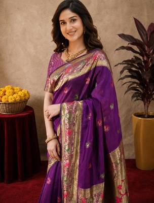 Purple soft silk blend banarasi jacuard work pethani saree with unstitched blouse piece 5