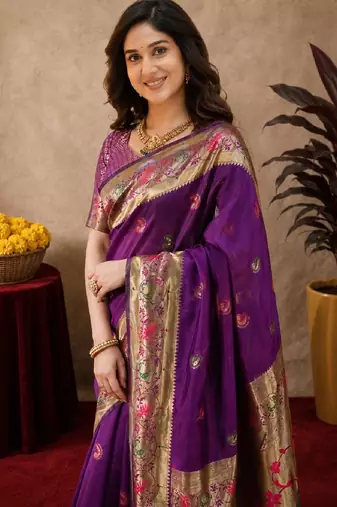 Purple soft silk blend banarasi jacuard work pethani saree with unstitched blouse piece