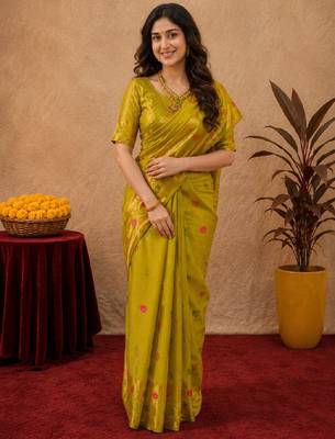 Parrot soft silk blend banarasi jacuard work pethani saree with unstitched blouse piece 1