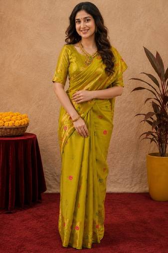 Parrot soft silk blend banarasi jacuard work pethani saree with unstitched blouse piece