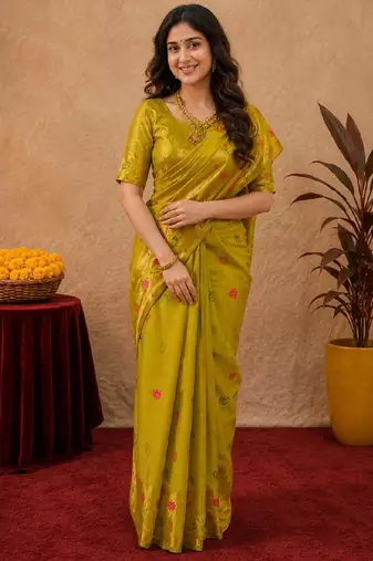 Parrot soft silk blend banarasi jacuard work pethani saree with unstitched blouse piece