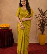 Parrot soft silk blend banarasi jacuard work pethani saree with unstitched blouse piece