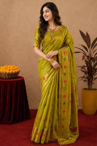 Parrot soft silk blend banarasi jacuard work pethani saree with unstitched blouse piece