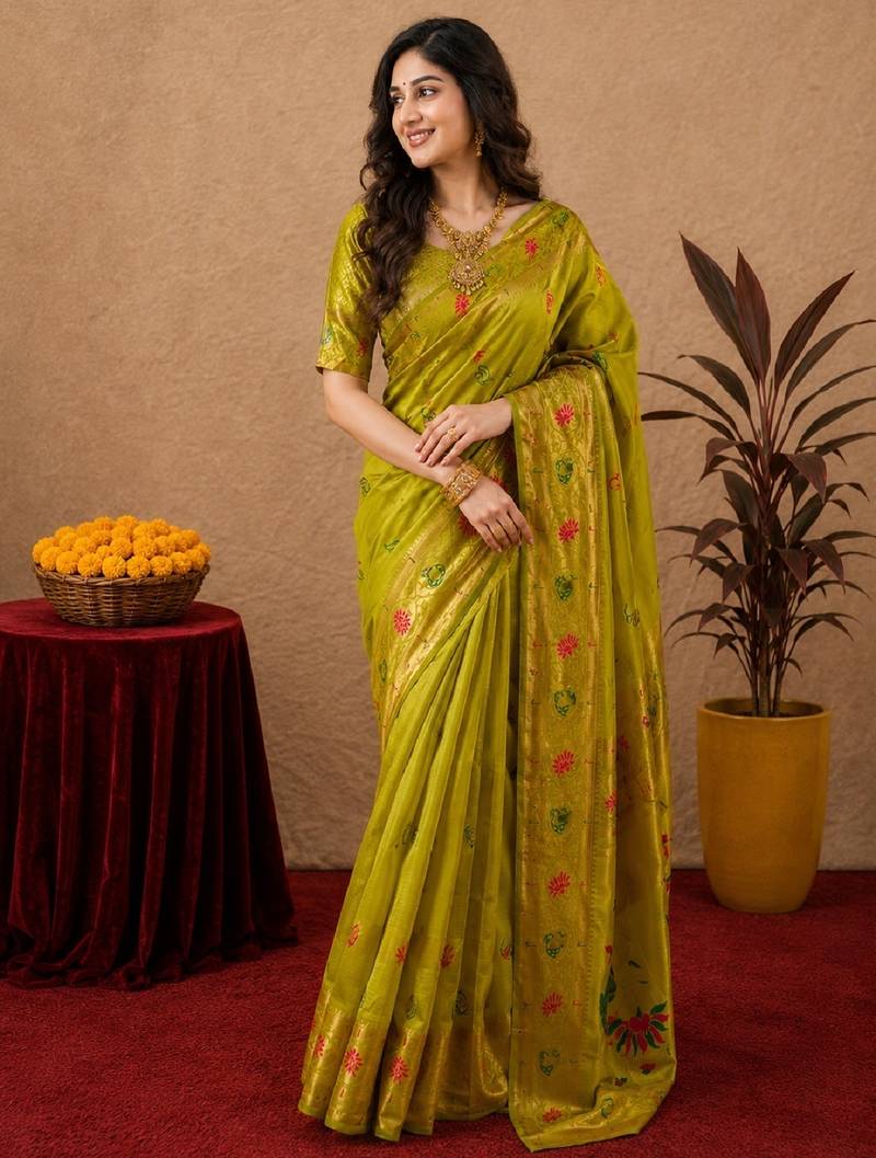 Parrot soft silk blend banarasi jacuard work pethani saree with unstitched blouse piece