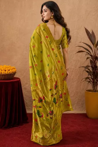 Parrot soft silk blend banarasi jacuard work pethani saree with unstitched blouse piece