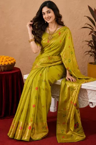 Parrot soft silk blend banarasi jacuard work pethani saree with unstitched blouse piece