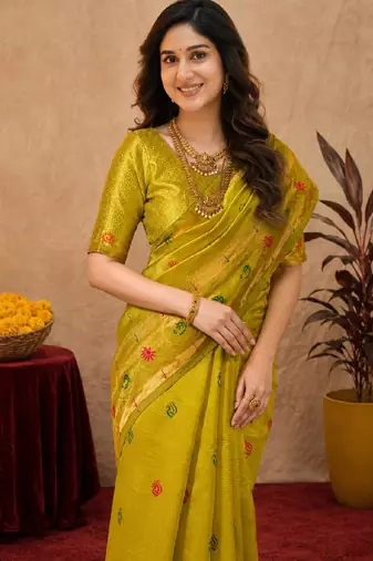 Parrot soft silk blend banarasi jacuard work pethani saree with unstitched blouse piece