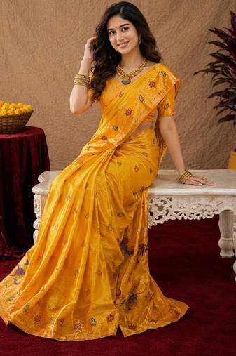 Yellow soft silk blend banarasi jacuard work pethani saree with unstitched blouse piece