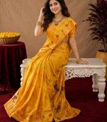 Yellow soft silk blend banarasi jacuard work pethani saree with unstitched blouse piece