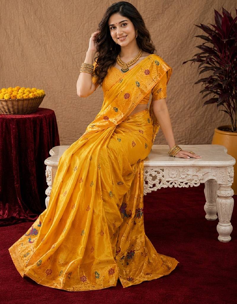 Yellow soft silk blend banarasi jacuard work pethani saree with unstitched blouse piece