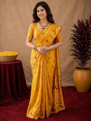 Yellow soft silk blend banarasi jacuard work pethani saree with unstitched blouse piece 2