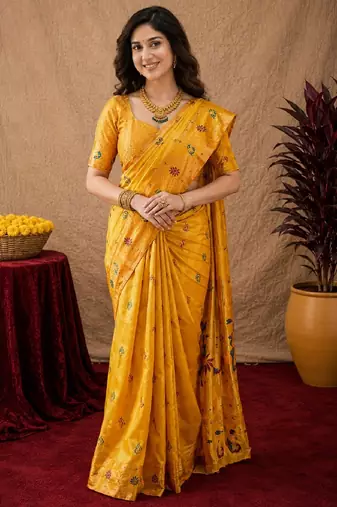 Yellow soft silk blend banarasi jacuard work pethani saree with unstitched blouse piece