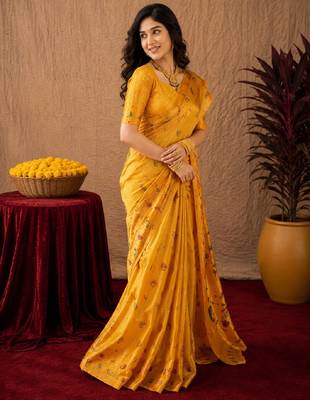 Yellow soft silk blend banarasi jacuard work pethani saree with unstitched blouse piece 3