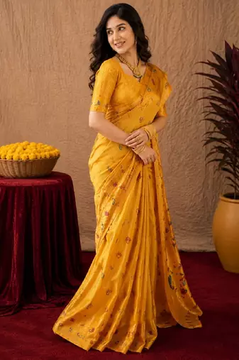 Yellow soft silk blend banarasi jacuard work pethani saree with unstitched blouse piece