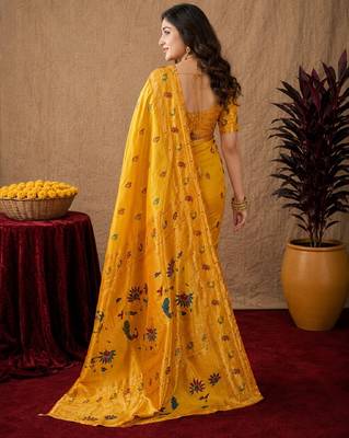 Yellow soft silk blend banarasi jacuard work pethani saree with unstitched blouse piece 4