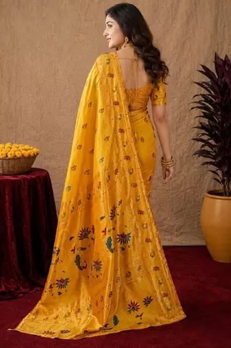 Yellow soft silk blend banarasi jacuard work pethani saree with unstitched blouse piece