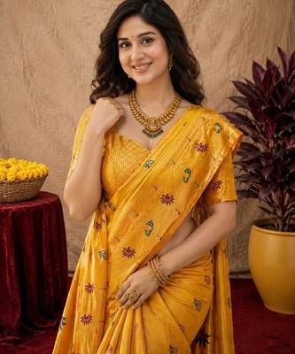 Yellow soft silk blend banarasi jacuard work pethani saree with unstitched blouse piece 5