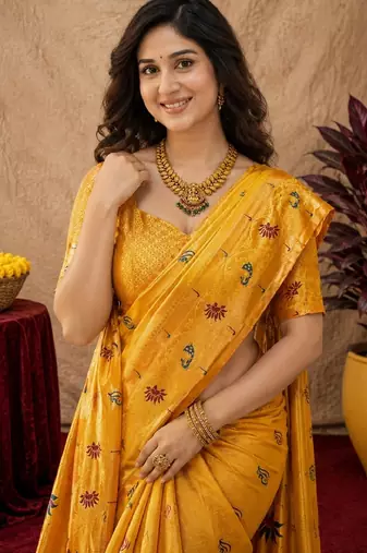 Yellow soft silk blend banarasi jacuard work pethani saree with unstitched blouse piece