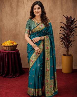 Rama soft silk blend banarasi jacuard work pethani saree with unstitched blouse piece 1