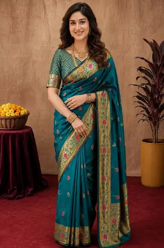 Rama soft silk blend banarasi jacuard work pethani saree with unstitched blouse piece