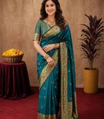 Rama soft silk blend banarasi jacuard work pethani saree with unstitched blouse piece