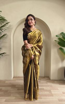 mustard coloer Zari All Over Pichwai Pattern Tilak Butti Motifs tissue saree 1