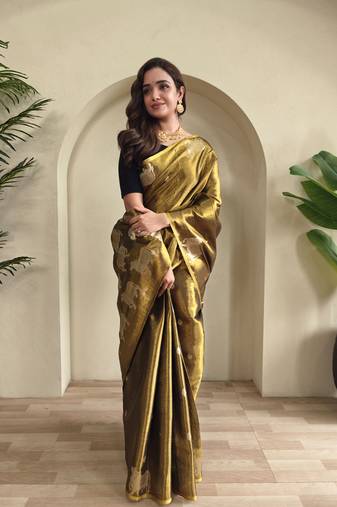 mustard coloer Zari All Over Pichwai Pattern Tilak Butti Motifs tissue saree