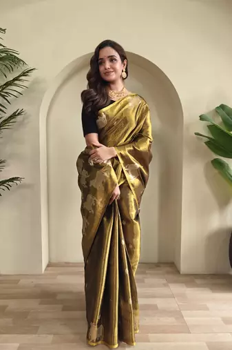 mustard coloer Zari All Over Pichwai Pattern Tilak Butti Motifs tissue saree