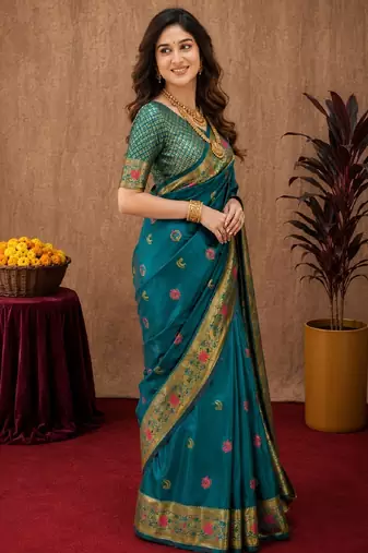 Rama soft silk blend banarasi jacuard work pethani saree with unstitched blouse piece