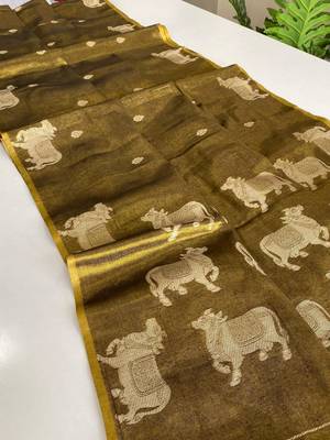 mustard coloer Zari All Over Pichwai Pattern Tilak Butti Motifs tissue saree 2