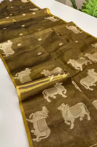 mustard coloer Zari All Over Pichwai Pattern Tilak Butti Motifs tissue saree