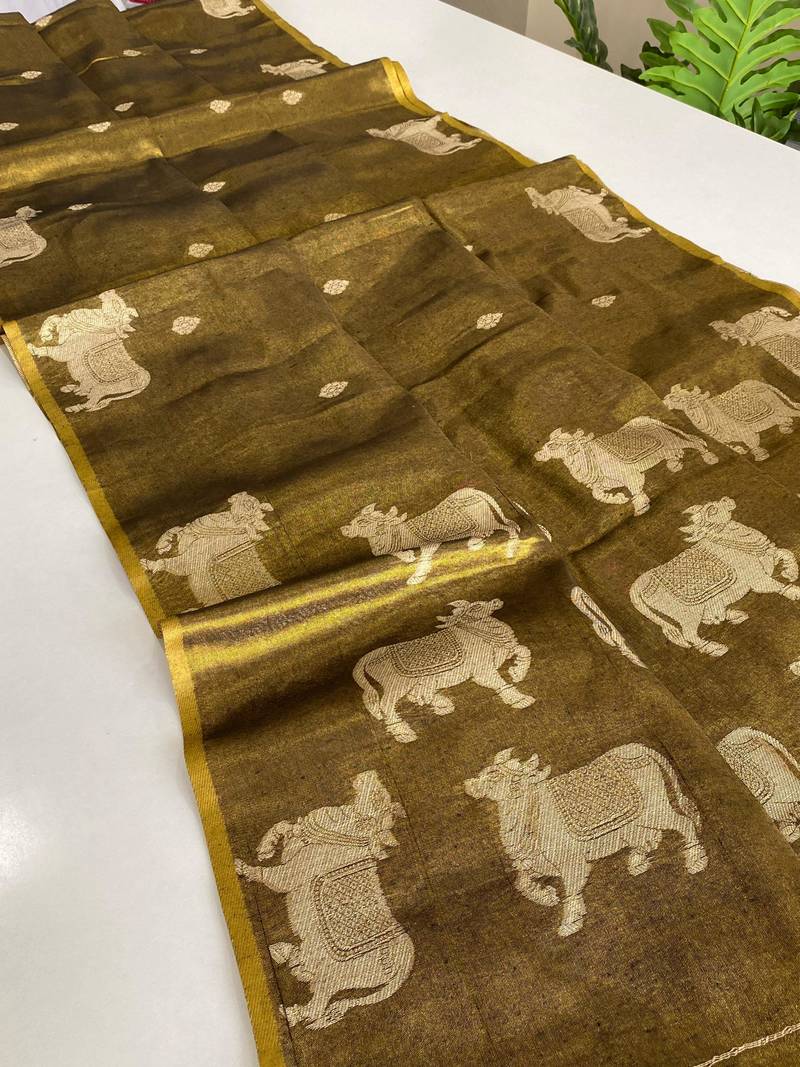 mustard coloer Zari All Over Pichwai Pattern Tilak Butti Motifs tissue saree