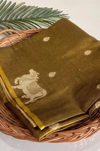 mustard coloer Zari All Over Pichwai Pattern Tilak Butti Motifs tissue saree