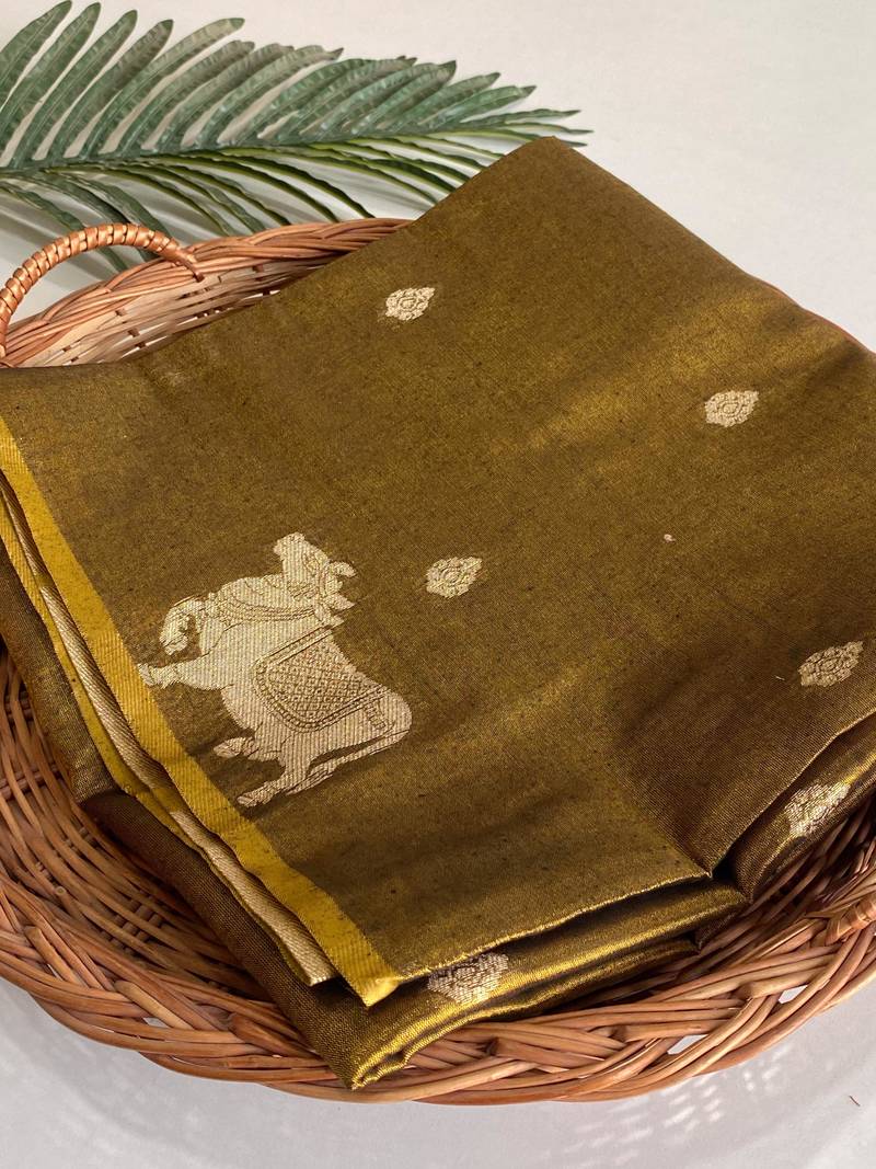 mustard coloer Zari All Over Pichwai Pattern Tilak Butti Motifs tissue saree