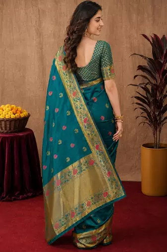 Rama soft silk blend banarasi jacuard work pethani saree with unstitched blouse piece