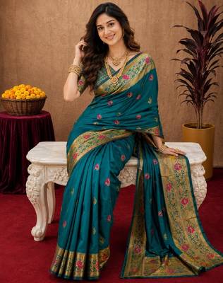 Rama soft silk blend banarasi jacuard work pethani saree with unstitched blouse piece 4
