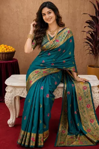 Rama soft silk blend banarasi jacuard work pethani saree with unstitched blouse piece