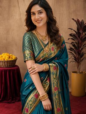 Rama soft silk blend banarasi jacuard work pethani saree with unstitched blouse piece 5