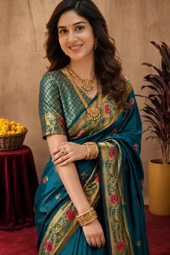 Rama soft silk blend banarasi jacuard work pethani saree with unstitched blouse piece