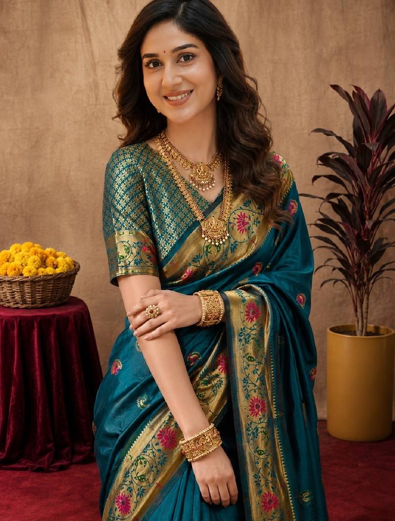 Rama soft silk blend banarasi jacuard work pethani saree with unstitched blouse piece