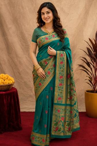 Teal green soft silk blend banarasi jacuard work pethani saree with unstitched blouse piece