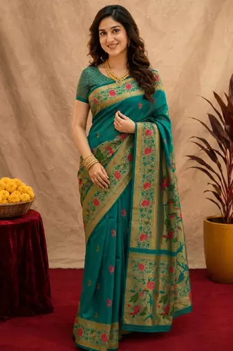 Teal green soft silk blend banarasi jacuard work pethani saree with unstitched blouse piece