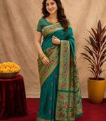 Teal green soft silk blend banarasi jacuard work pethani saree with unstitched blouse piece