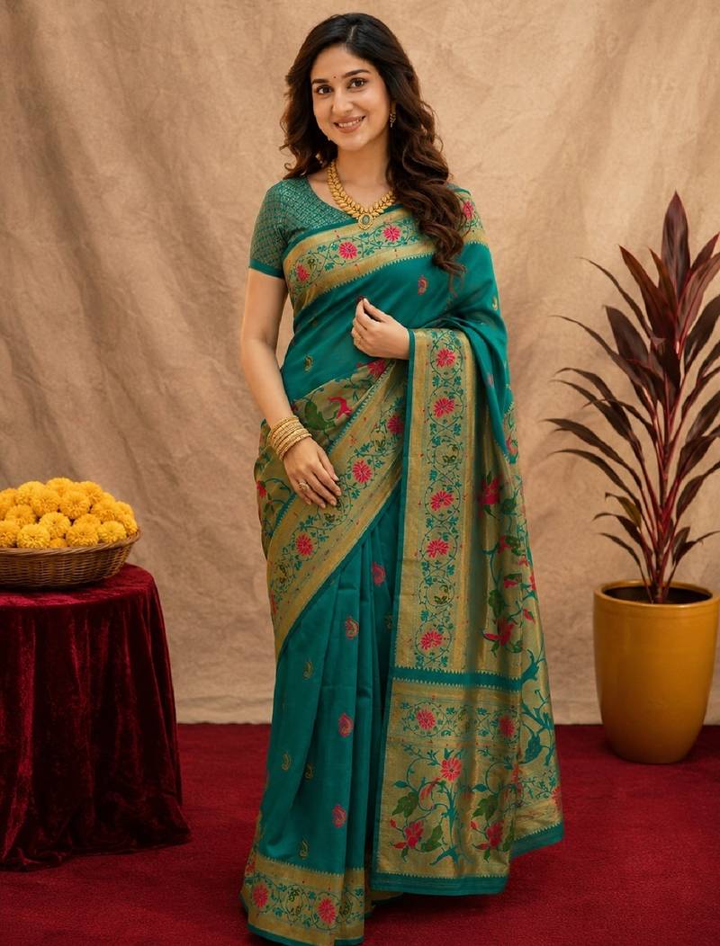 Teal green soft silk blend banarasi jacuard work pethani saree with unstitched blouse piece