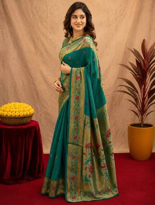 Teal green soft silk blend banarasi jacuard work pethani saree with unstitched blouse piece 2