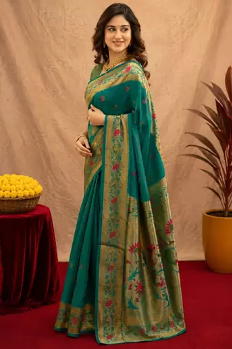 Teal green soft silk blend banarasi jacuard work pethani saree with unstitched blouse piece