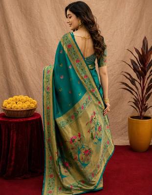 Teal green soft silk blend banarasi jacuard work pethani saree with unstitched blouse piece 3