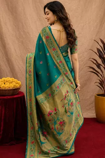 Teal green soft silk blend banarasi jacuard work pethani saree with unstitched blouse piece