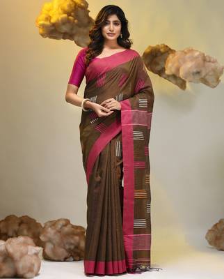 Brown tissue handwoven saree with woven designs 1