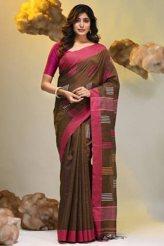 Brown tissue handwoven saree with woven designs
